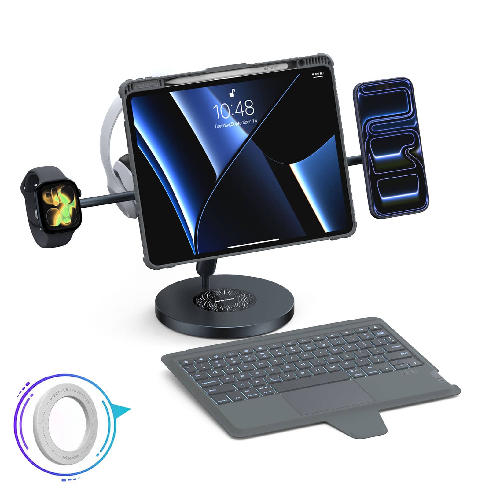 เคสคีย์บอร์ดมีไฟพื้นหลังแบบลิงก์กันชนแม่เหล็ก (Grey) พร้อมขาตั้งแม่เหล็กสำหรับ iPad Series